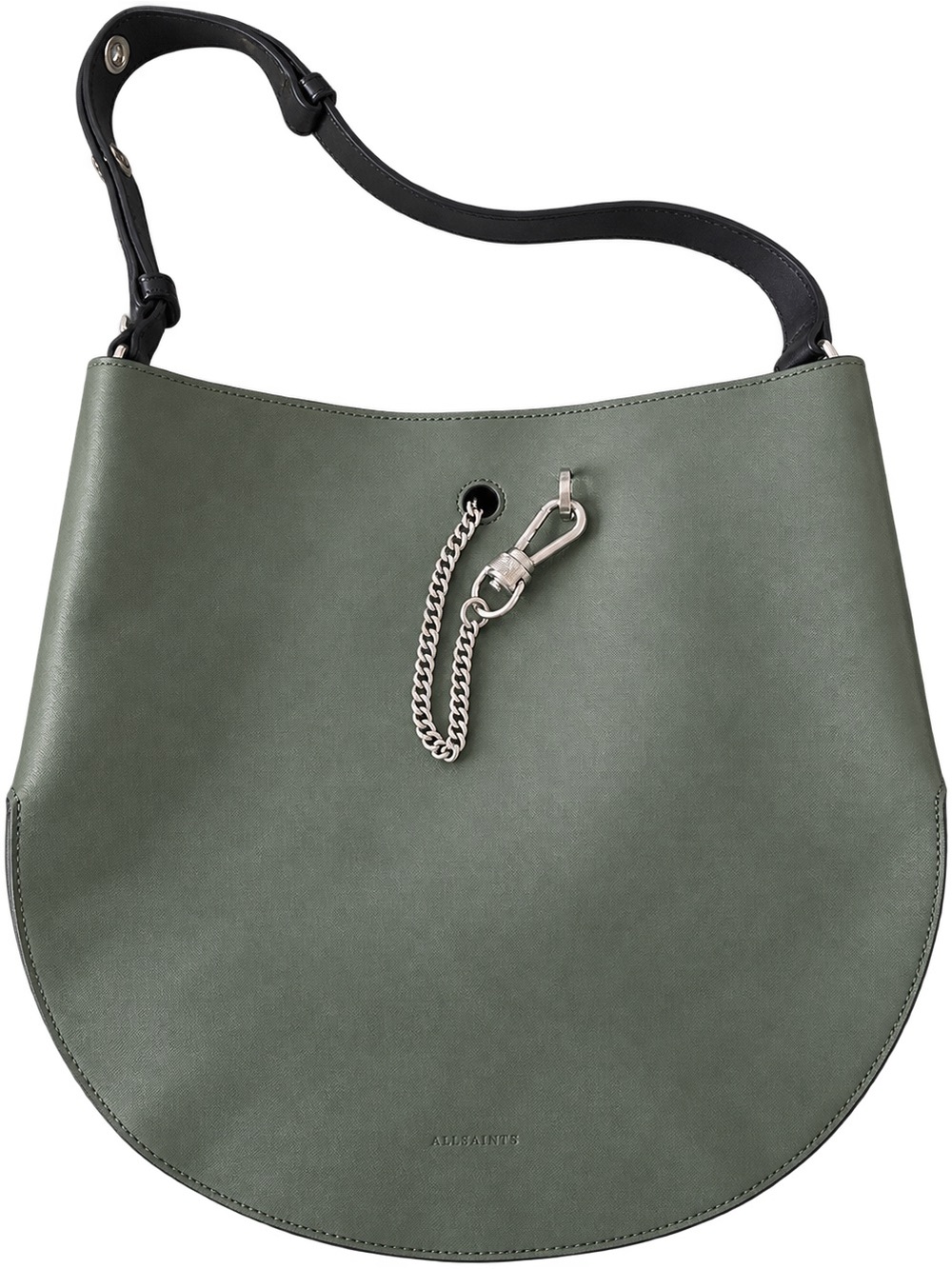 All Saints Olive Leather Hobo with Black Strap and Silver Chain Detail